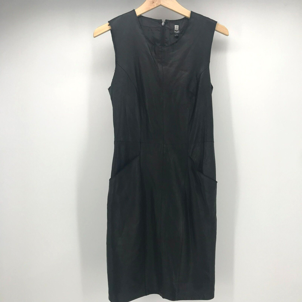 SAS Sportswear Dress Womens 6 Black Leather Shift Sleeveless Pockets Lined Scoop